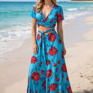 2 Pc Coastal Beachy Cover-up Wrap Around Top And Side Split Flowy Skirt Sz Med